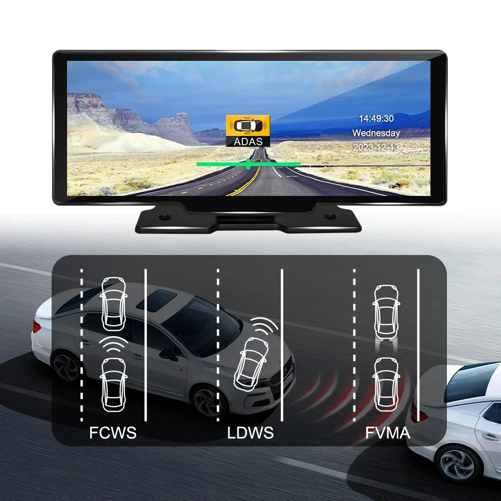 Adas Dash Cam 4K DVR 10.26" IPS with touch Screen 2 cameras for Front and Back recording Apple CarPlay , Android Auto Portable Navigation