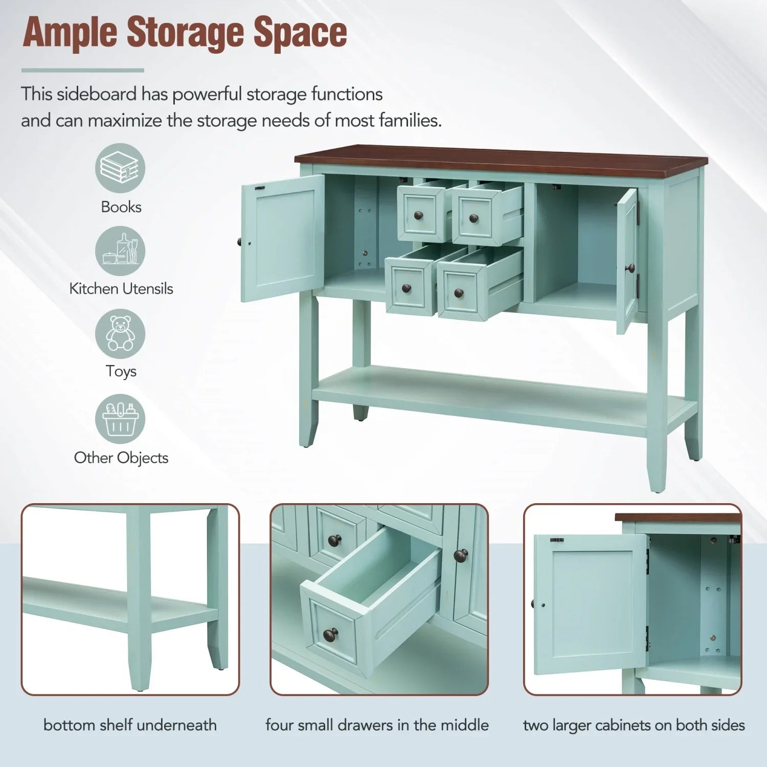 TREXM Cambridge Series Ample Storage Vintage Console Table with Four Small Drawers and Bottom Shelf for Living Rooms Entrances and Kitchens (Lime White OLD SKU WF190263AAK)