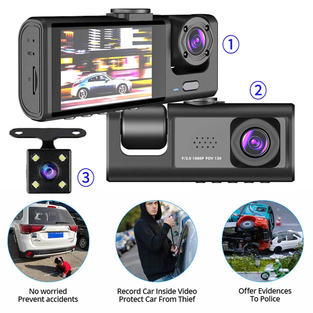Shinysix Dash Cam Front and Rear Inside 3 Cameras 1080P+720P+480p Car Rearview Mirror Car Video Recording Camcorder Night Vision Car Camera Recorder Auto Safety Driving Recorder