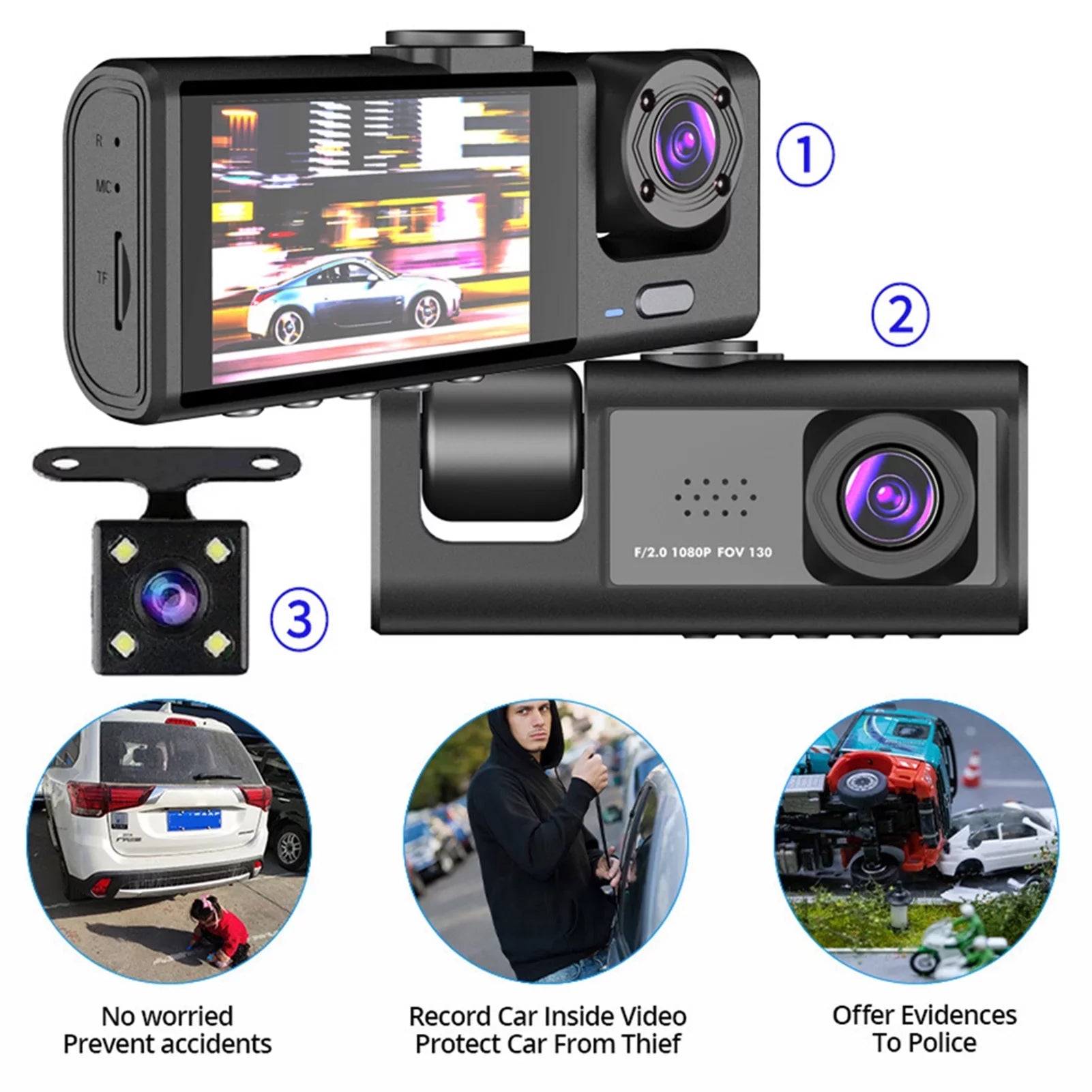 Shinysix Dash Cam Front and Rear Inside 3 Cameras 1080P+720P+480p Car Rearview Mirror Car Video Recording Camcorder Night Vision Car Camera Recorder Auto Safety Driving Recorder