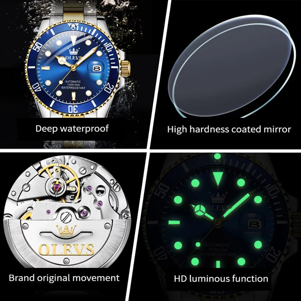 Olevs Automatic Wristwatch for Men Two-Tone Blue Gold Date Adult Male 6650A