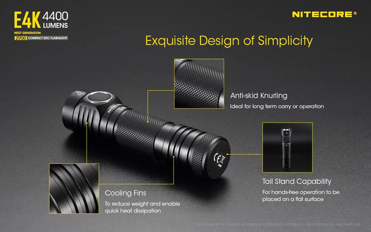 Combo: NITECORE E4K Next generation Flashlight - 4400Lm w/NL2140 and NL2150HPR Batteries +UI1 USB Charger and Eco-Sensa USB Cord