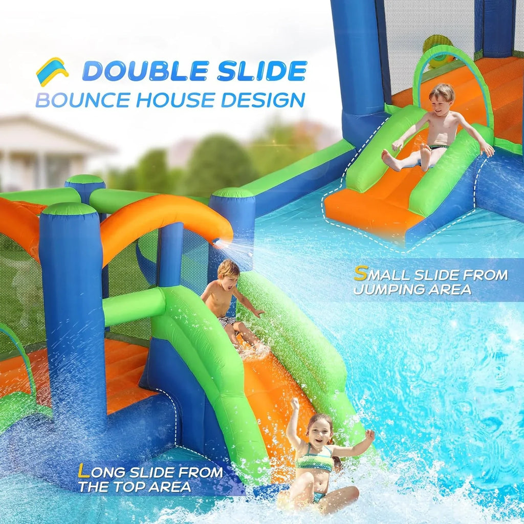 (2024 New) JOYMOR Inflatable Water Slide Bounce House for Kid 3-6, Inflatable Water Slide w/Basketball Hoop, Water Cannon, Ring-Toss Game, Inflatable Water Bounce House w/Slides, Air Blower