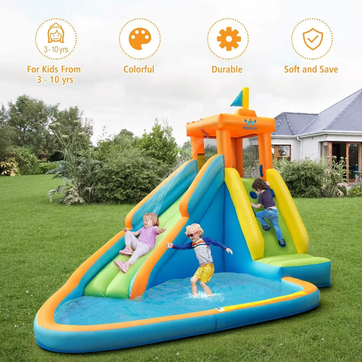 Inflatable Water Slide, Hippo Themed Water Slides for Kids Backyard w/Long Slide, 740w Blower, Splashing Pool, Water Cannon, Indoor Outdoor Blow up Giant Water Park for Big Kids and Adults