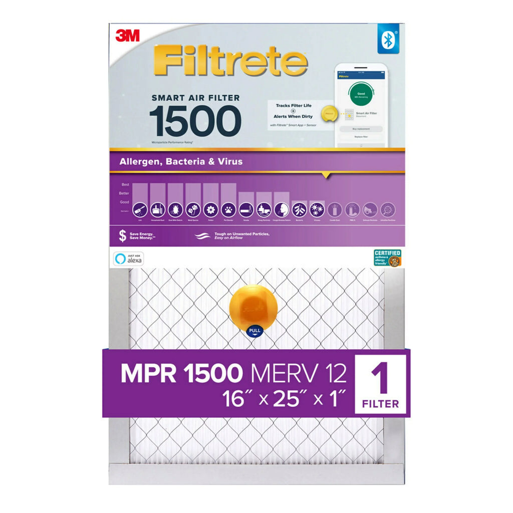 Filtrete 16x25x1 Smart Air Filter, MPR 1500 MERV 12, Allergen, Bacteria Virus, 1 Filter