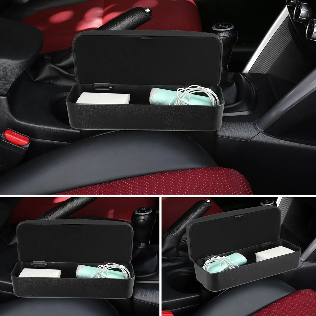 Car Center Armrest Box Seat Gap Adjustable Armrest Storage Organizer Box Armrest Black PU Leather with Black Line