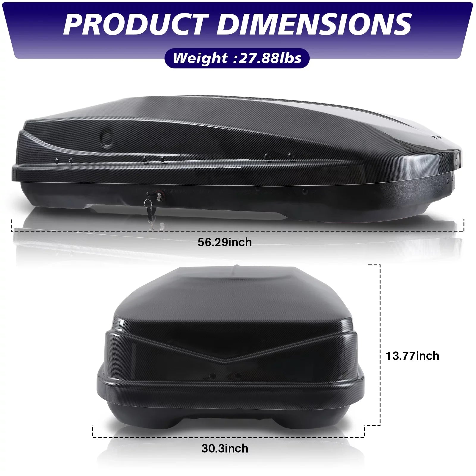 Large Rooftop Cargo Carrier Hard Shell Rooftop Cargo Box with Double Locks, 13 ft³ Waterproof Cargo Box for SUV Rooftop 56.3" L x 30.3" W x 13.8" H, Carbon Fibre Grain