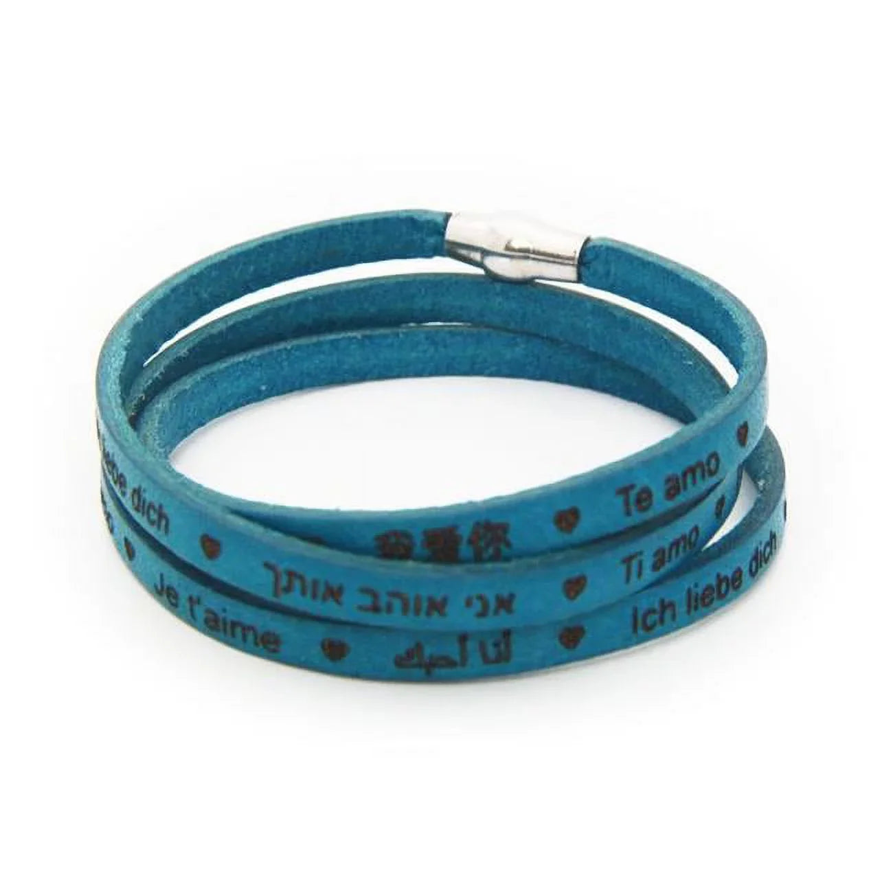 Fronay I Love You Genuine Italian Leather Wrap Bracelet Engraved 23 Languages - 925 Silver - Blue