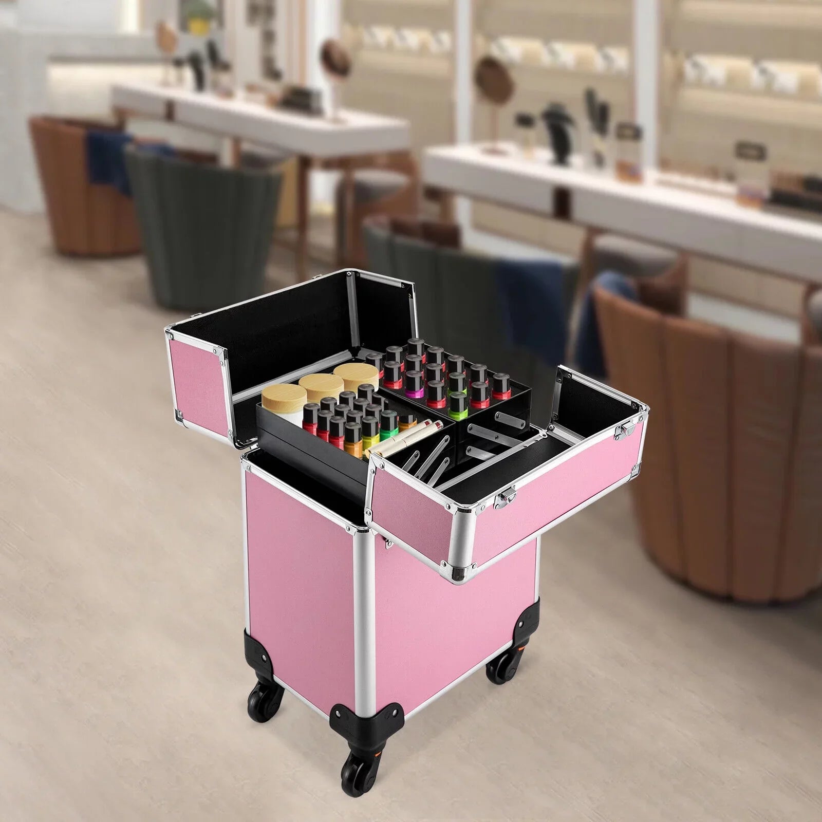 ZhdnBhnos Professional Rolling Extendable Makeup Train Case Cosmetic Trolley Storage Box Organizer (Pink)
