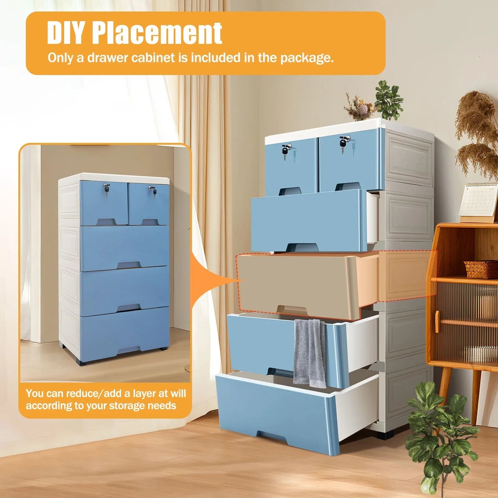 WUZSTAR 6 Drawer Plastic Storage Tower Closet Organizer with 4 rollers for Home, Office (Blue)