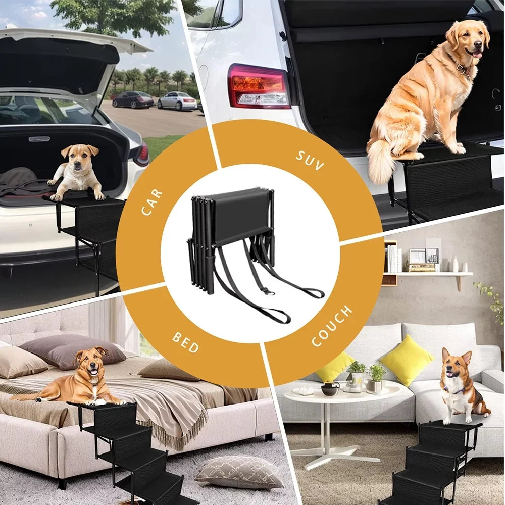 Sunb Foldable Pet Stairs Ramp,Metal Frame Portable 4 Steps Nonslip Stairs,Lightweight for High Beds,Trucks,SUV,Car