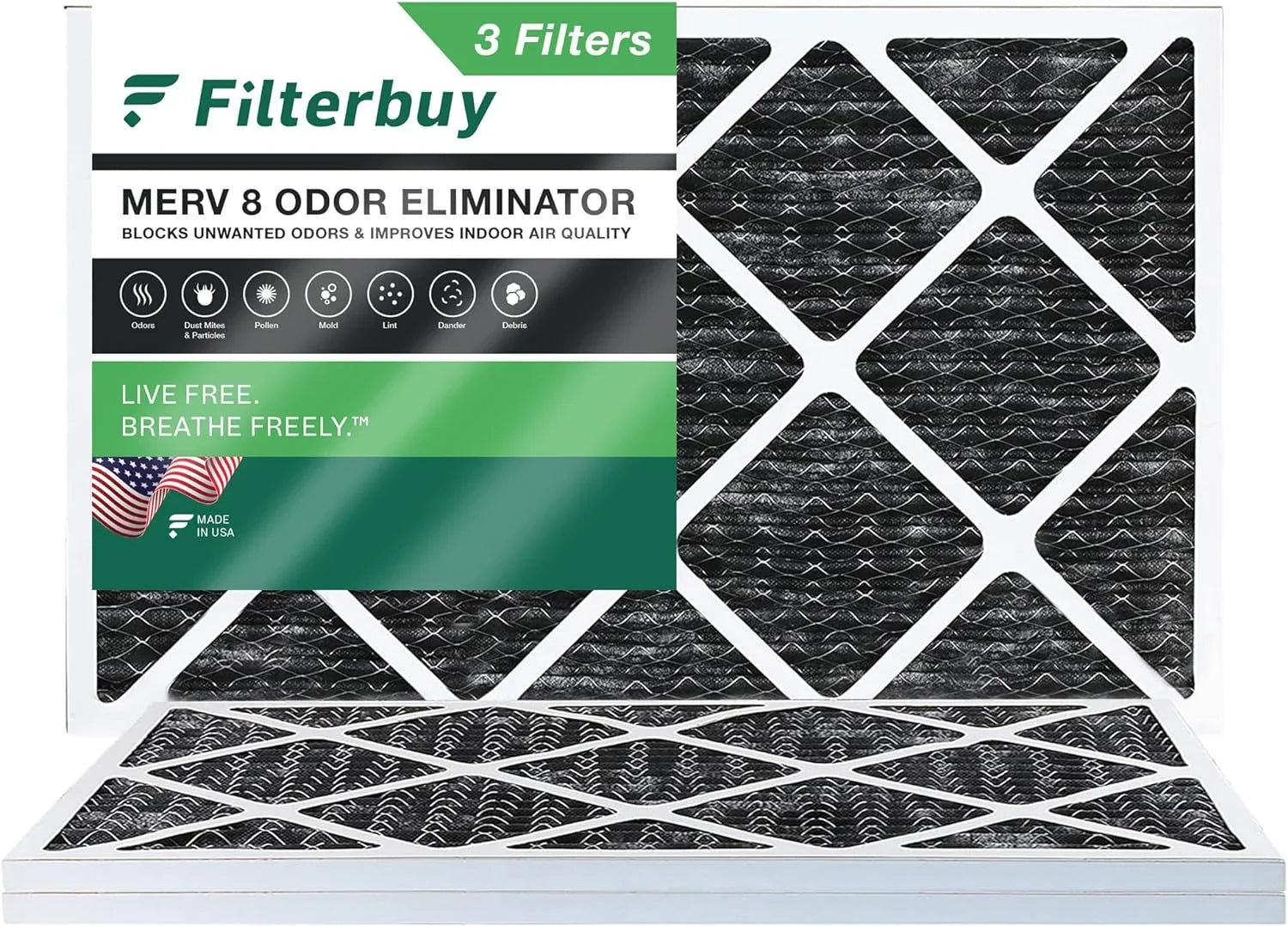 Filterbuy 18x30x1 MERV 8 Odor Eliminator Pleated HVAC AC Furnace Air Filters with Activated Carbon (3-Pack)
