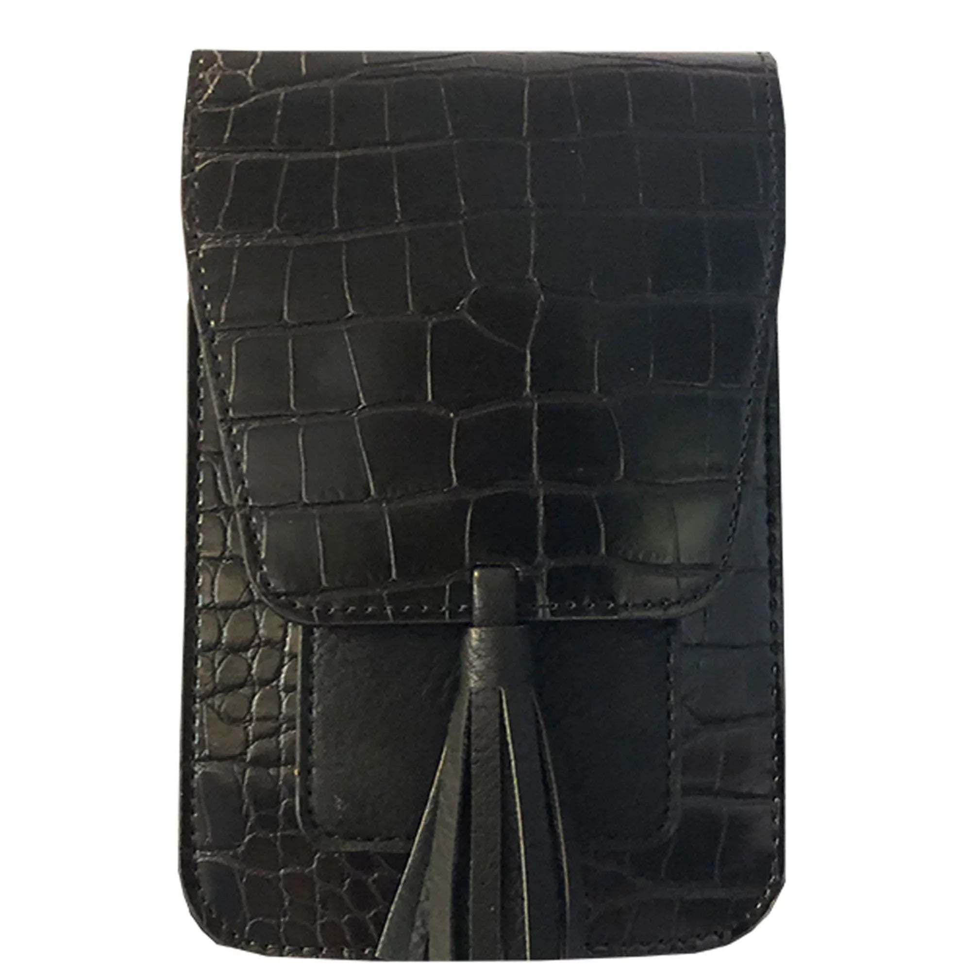 K. Carroll 7.5" Solid Black Crocodile Style Crossbody Handbag with Tassel Accent