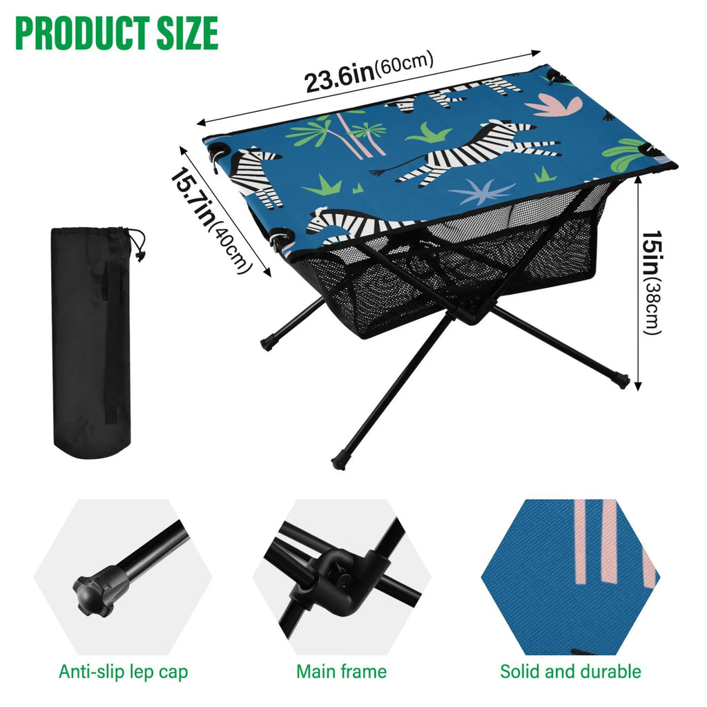 Zebras and Palm Trees Camping Folding Table Portable Beach Table with Storage Bag Compact Picnic Table for Outdoor Travel Fishing BBQ