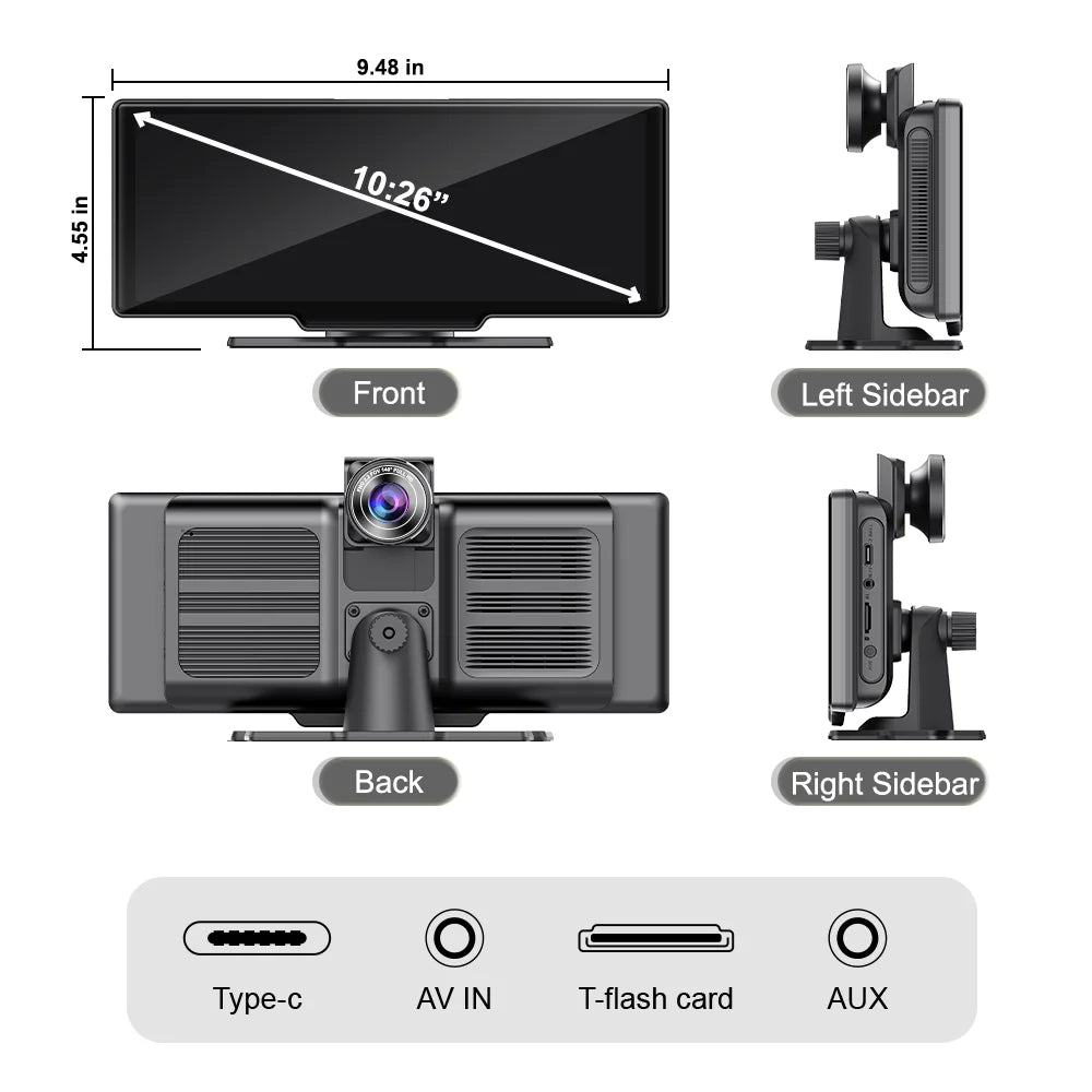 Adas Dash Cam 4K DVR 10.26" IPS with touch Screen 2 cameras for Front and Back recording Apple CarPlay , Android Auto Portable Navigation