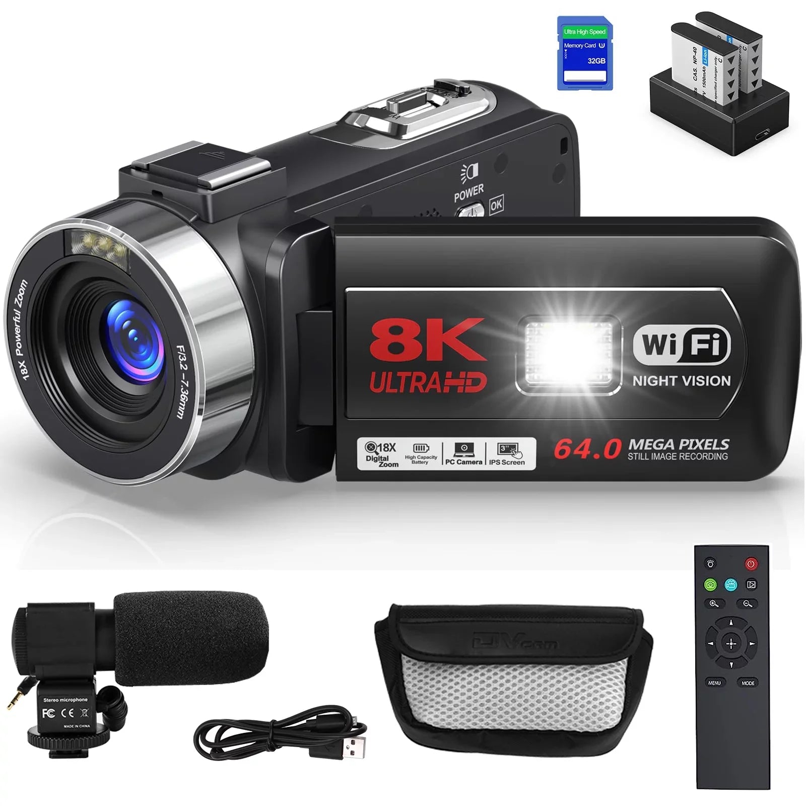 MARVUE 8K Video Camera 64MP 18X Digital Camera Video Camera for Youtube 3.0 inch Flip Screen Camcorder Vlogging Camera with 32GB SD Card, 2.4G Remote Control, Two Batteries and External Mic