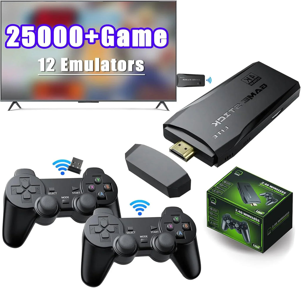 Game Stick 64G, 25,000+ Retro Games, Fitting with 12 Emulator Console, Wireless Retro Game Console Support 4K HD Output, Plug and Play Video Games for TV, 2.4G Wireless Controllers