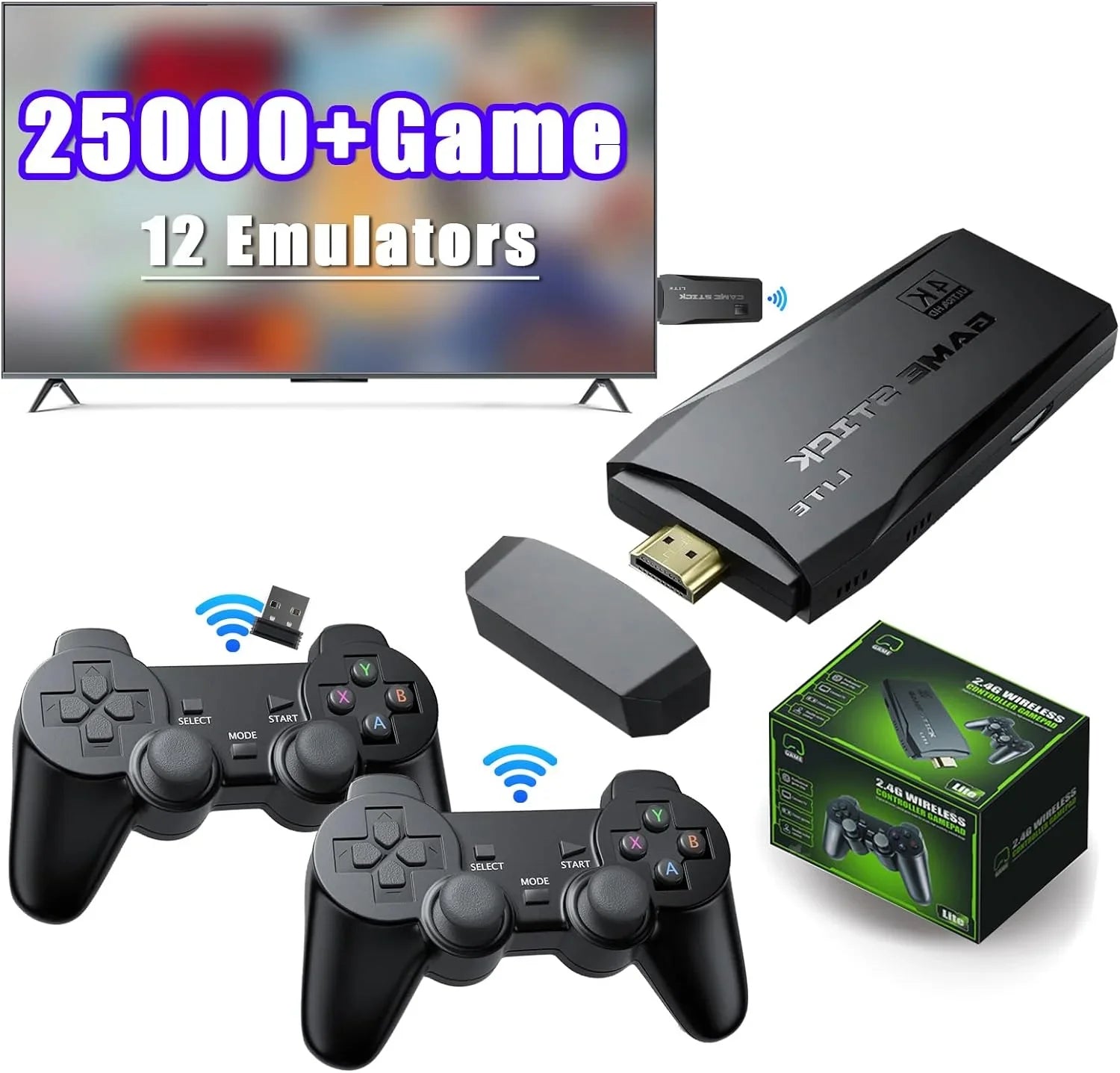 Game Stick 64G, 25,000+ Retro Games, Fitting with 12 Emulator Console, Wireless Retro Game Console Support 4K HD Output, Plug and Play Video Games for TV, 2.4G Wireless Controllers