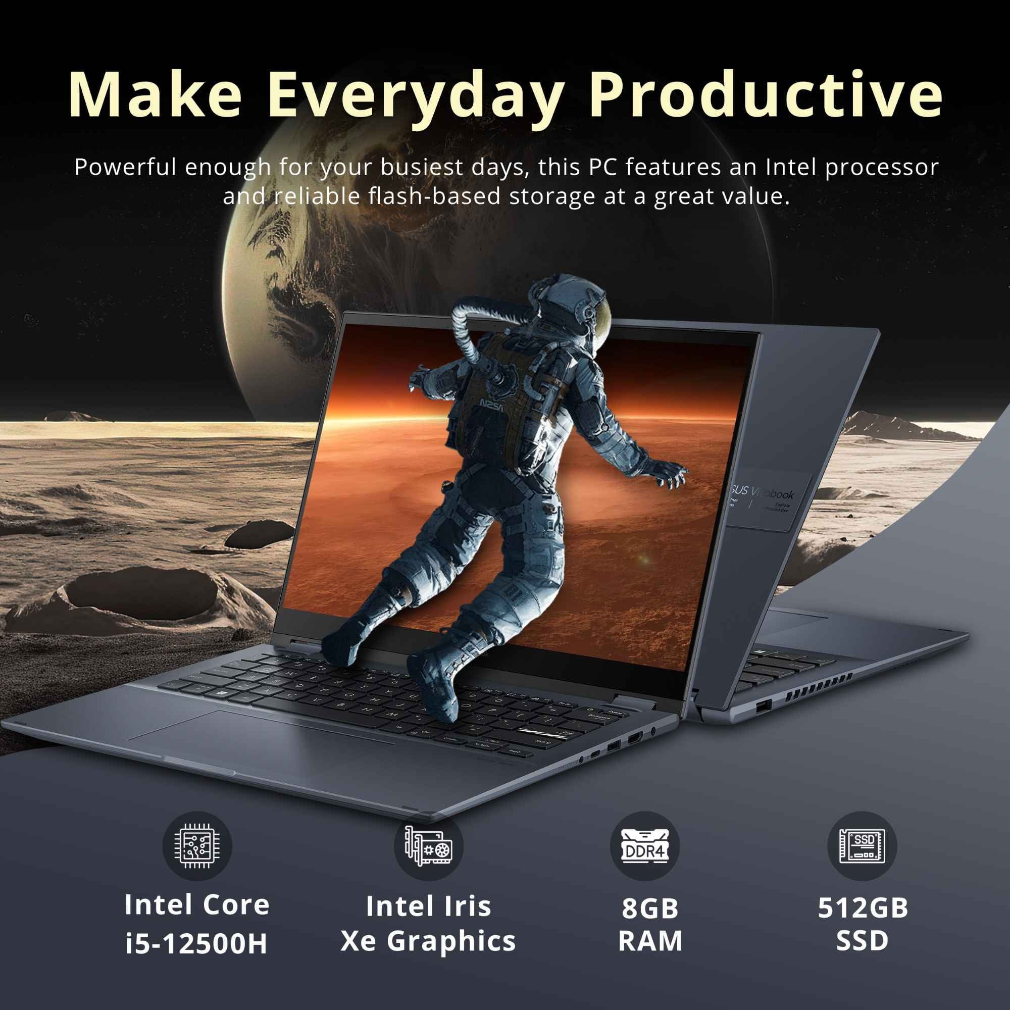 ASUS Vivobook S 14 Flip 14" FHD Touch Display, i5-12500H CPU, 8GB DDR4 RAM, 512GB SSD, NumberPad, Thunderbolt 4, Windows 11 Home, Quiet Blue, Hotface 32GB USB Card