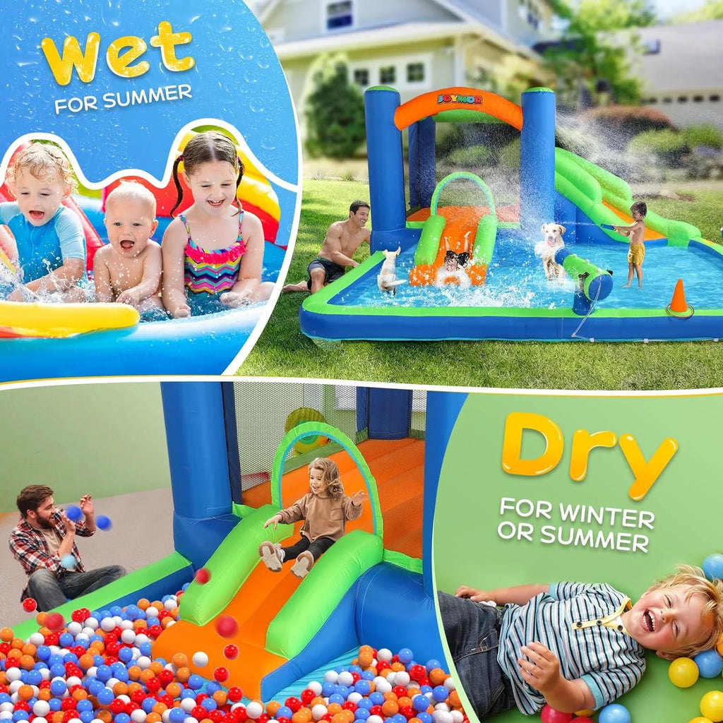 (2024 New) JOYMOR Inflatable Water Slide Bounce House for Kid 3-6, Inflatable Water Slide w/Basketball Hoop, Water Cannon, Ring-Toss Game, Inflatable Water Bounce House w/Slides, Air Blower