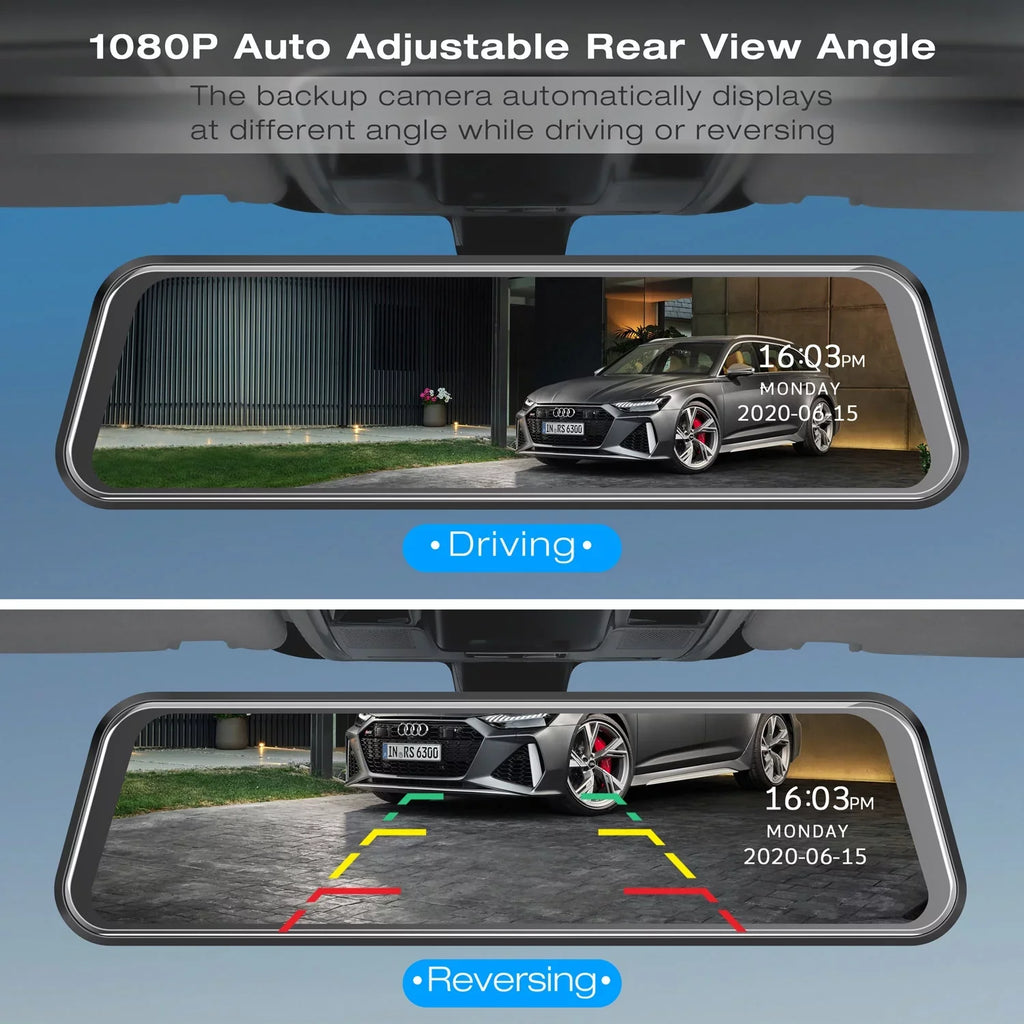 1080P Mirror Dash Cam for Cars with 10-inch IPS Full Touch Screen Waterproof Backup Camera Rear View Mirror Camera Black