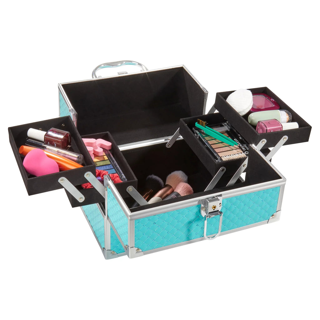 Makeup Train Case Cosmetics Organizer, Teal Color, 4 trays, 6.7" x 9.85" x 7.9"