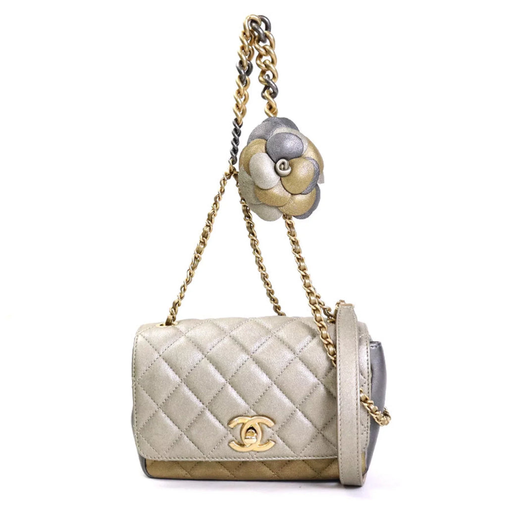 Pre-Owned Chanel CHANEL Diagonal Shoulder Bag Matelasse Camellia Leather/Metal Greige/Gold/Gray Women's e55934a (Good)