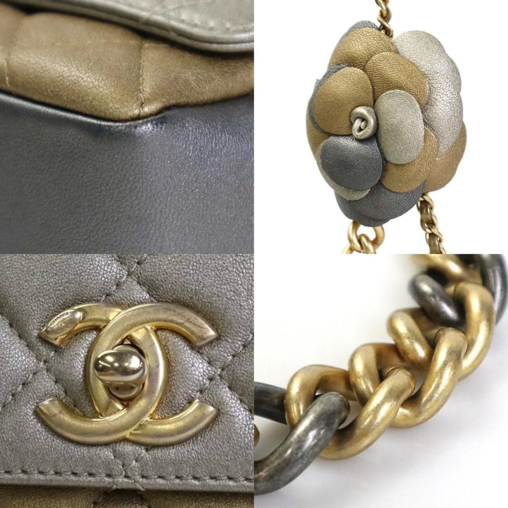 Pre-Owned Chanel CHANEL Diagonal Shoulder Bag Matelasse Camellia Leather/Metal Greige/Gold/Gray Women's e55934a (Good)