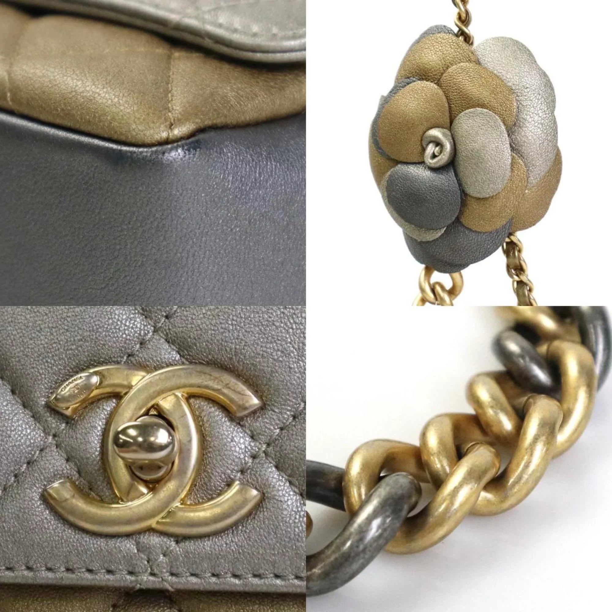 Pre-Owned Chanel CHANEL Diagonal Shoulder Bag Matelasse Camellia Leather/Metal Greige/Gold/Gray Women's e55934a (Good)