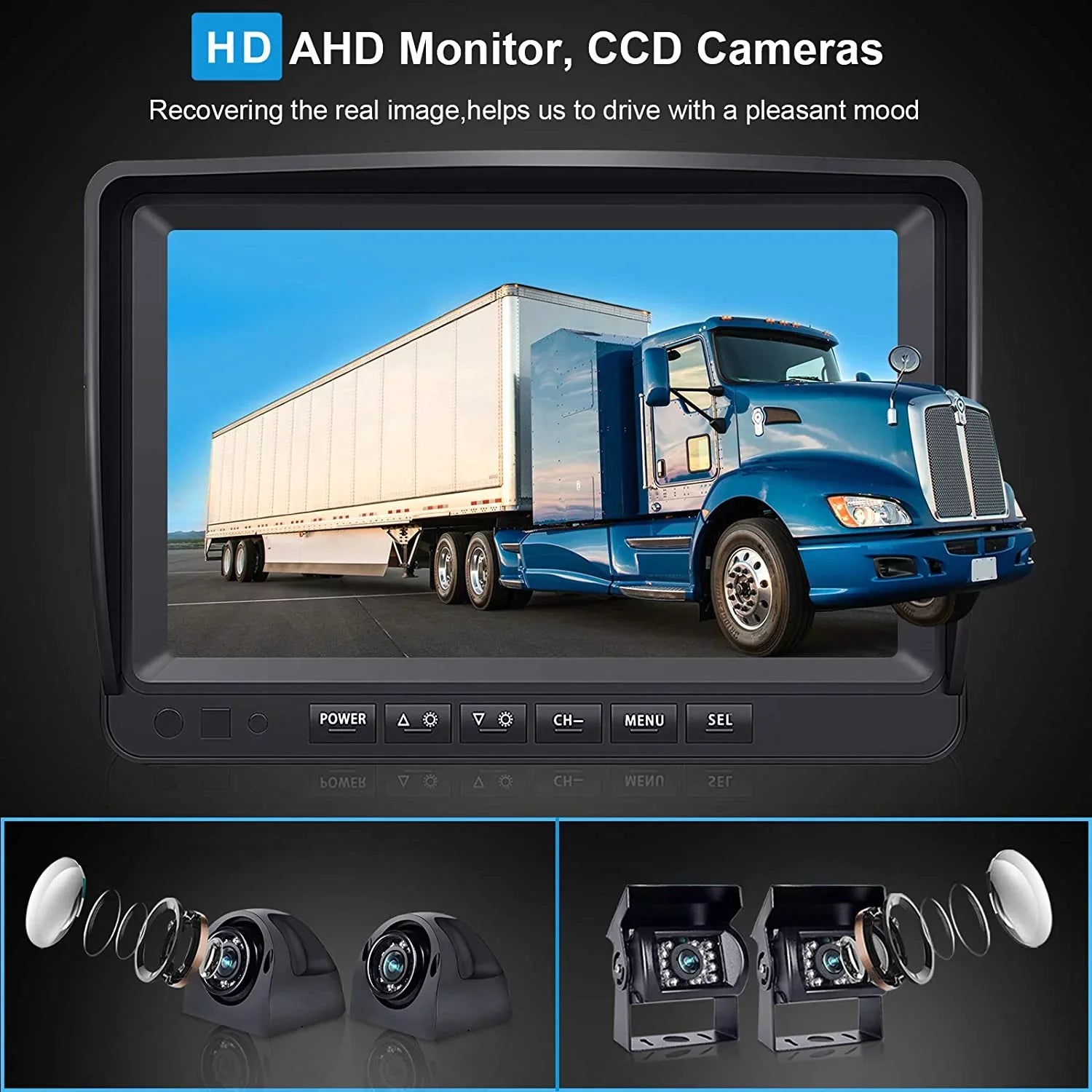 eRapta Backup Camera 9 inch for RV Semi Box Truck Trailer Rear and Side View Quad 1080P HD Camera 4 Split Screens Record Function IP69 Waterproof Night Vision