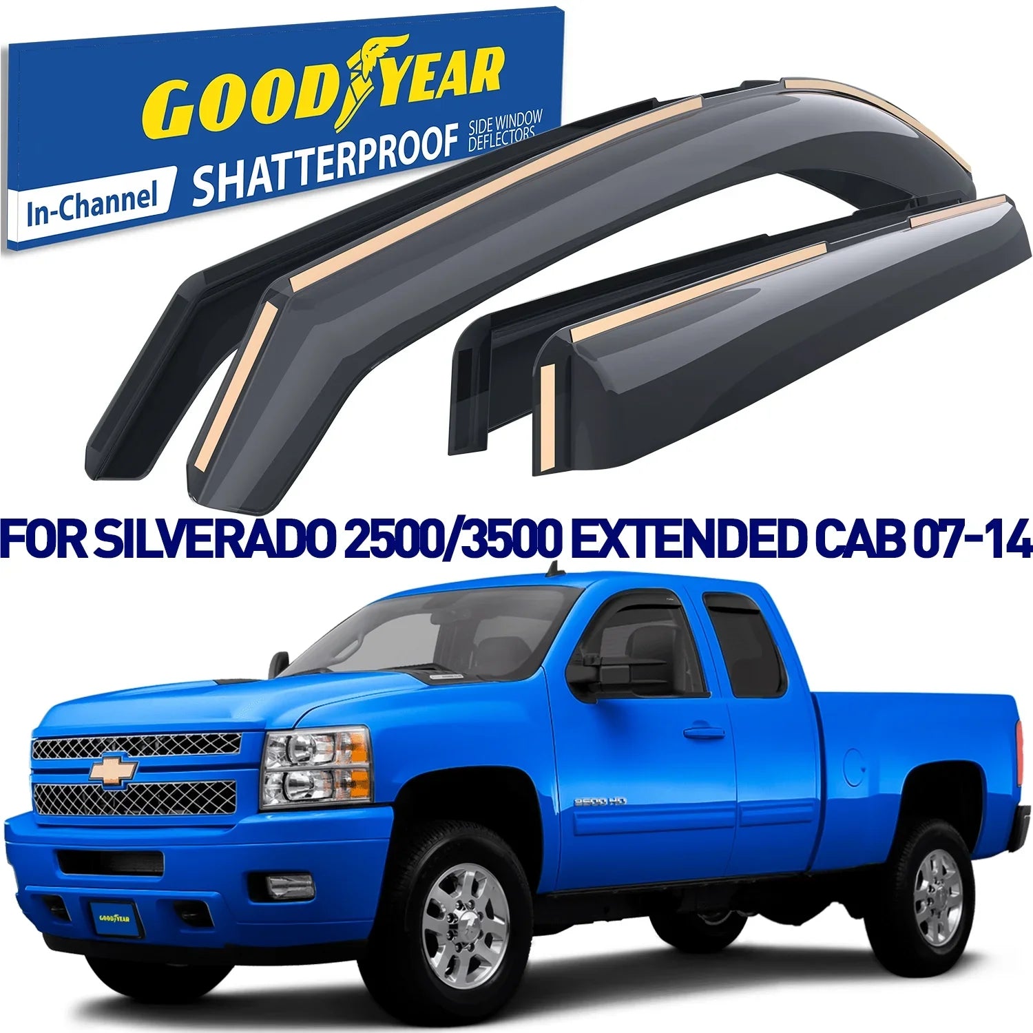 Goodyear Shatterproof in-Channel Window Deflectors for Chevrolet(Chevy) Silverado 2500HD/3500HD 2007-2014 Extended Cab,Rain Guards,Window Visors for Cars,Vent Deflector,Car Accessories,4 pcs-GY007713