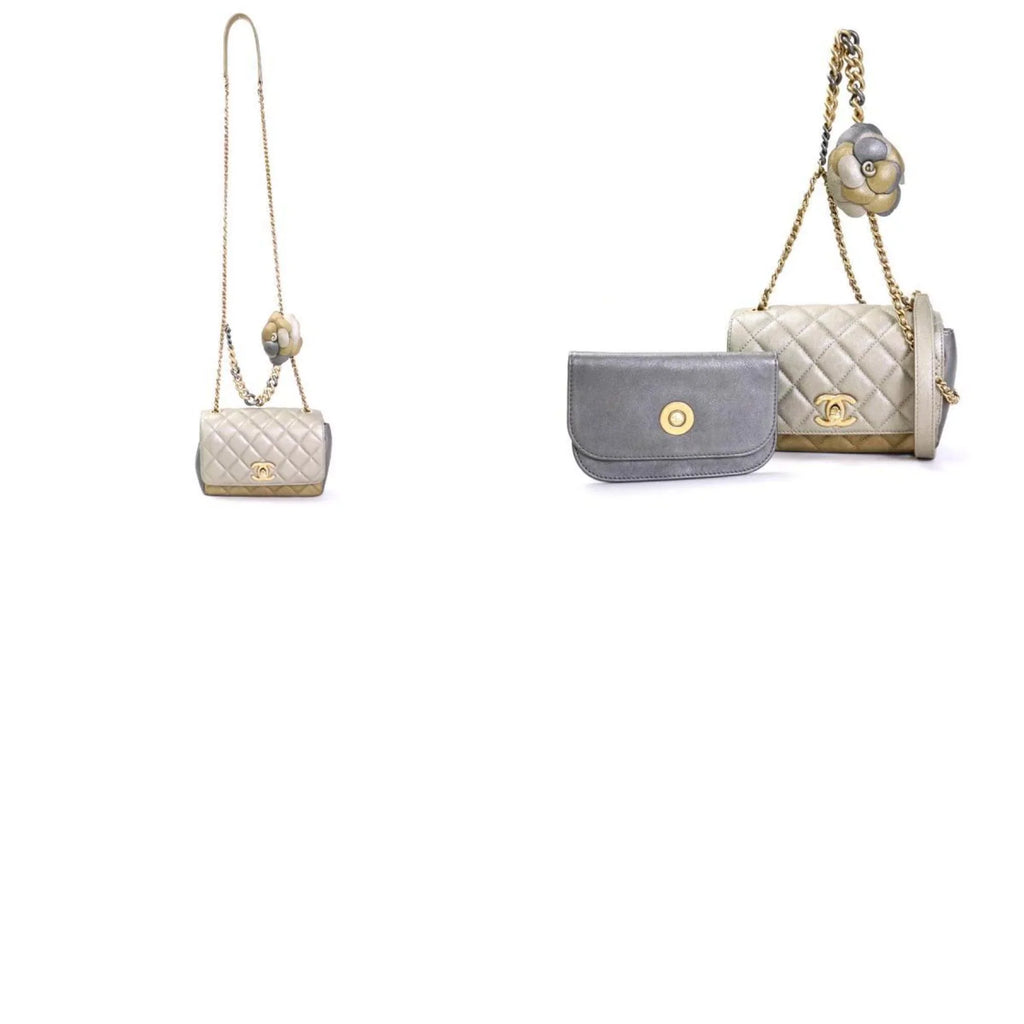 Pre-Owned Chanel CHANEL Diagonal Shoulder Bag Matelasse Camellia Leather/Metal Greige/Gold/Gray Women's e55934a (Good)
