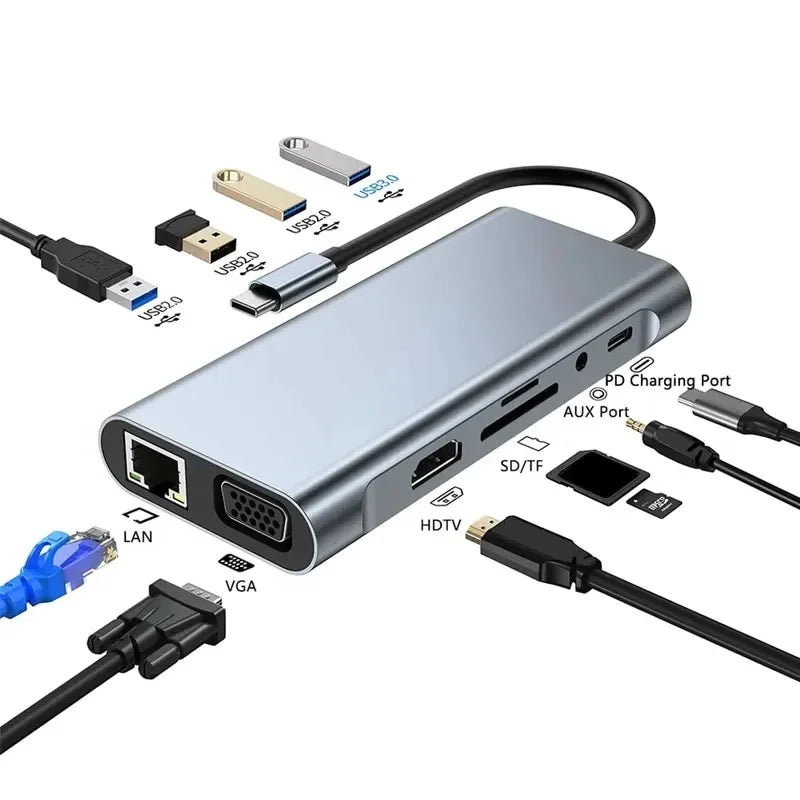 Kidsol USB C Laptop Docking Station 11-in-1 Multi-Port with 4K HDMI, VGA,Type-C PD100W Power,USB A*4, Gigabit Fitting with Lenovo HP MacBook Pro,Air 3.5mm Ports