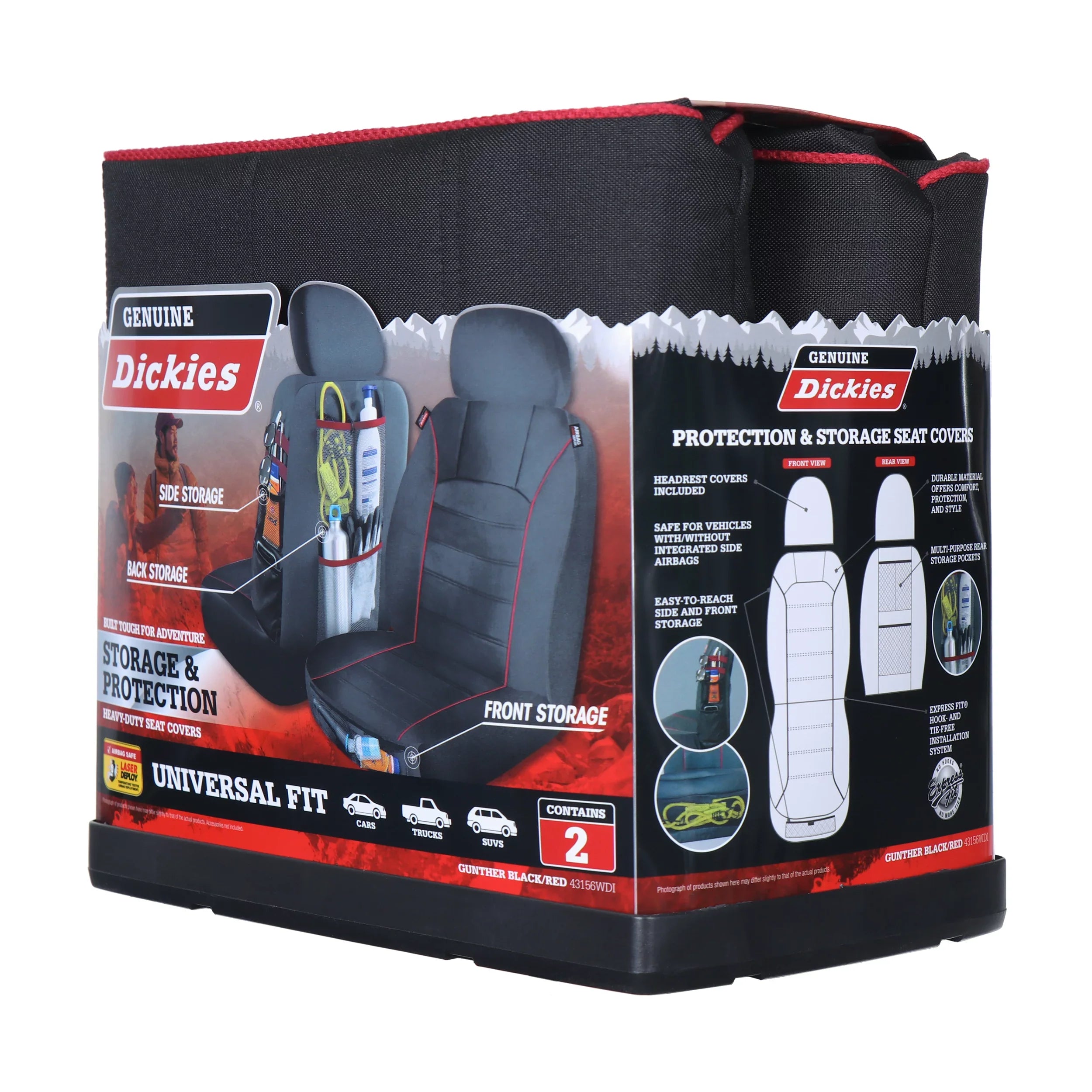 Genuine Dickies 2 Piece Universal Front Car Seat Wrap with Storage - Black and Red, 43156WDI