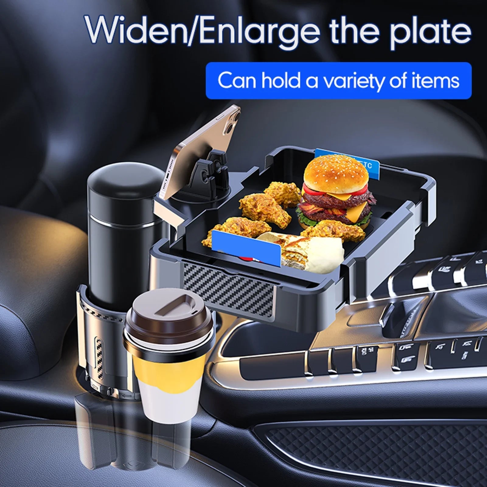moobody Car Cup Holder Multifunctional Storage Rack, Dual Holder 4IN1 Cup Tray for Drinks and Phones, Versatile Snack Tray Expander