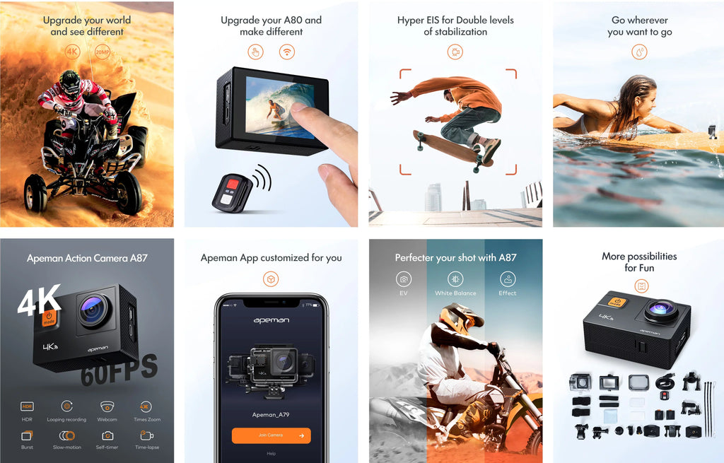 Apeman A87 Action Camera, UHD 4K/60fps 20MP Touchscreen WiFi Underwater Camcorder for Motorbike and Skateboard Camera