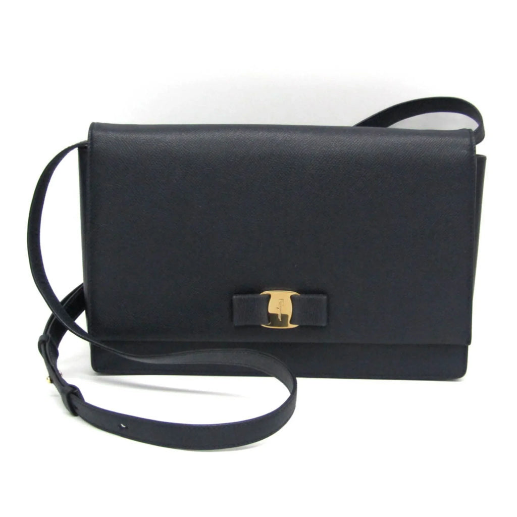 Pre-Owned Salvatore Ferragamo Vara AU-21 0011 Women's Leather Shoulder Bag Navy (Good)