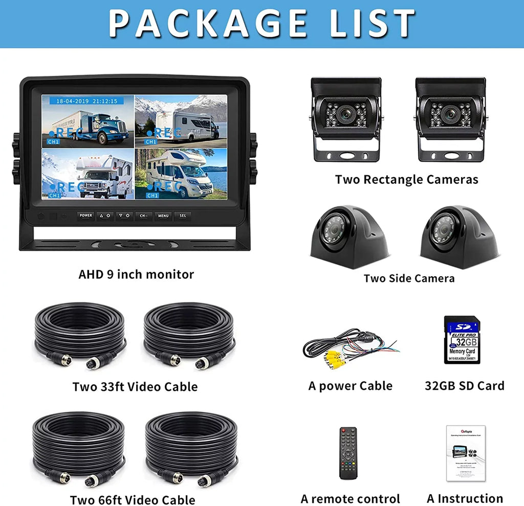 eRapta Backup Camera 9 inch for RV Semi Box Truck Trailer Rear and Side View Quad 1080P HD Camera 4 Split Screens Record Function IP69 Waterproof Night Vision