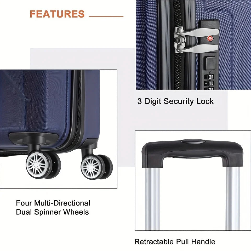 20 Inch Hardside Carry-On Luggage For Travel Business, 20-Inch Suitcase With Four Spinner Wheels And Durable Surface, Lock - Blue