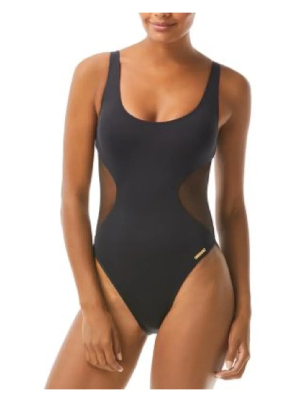 VINCE CAMUTO SWIM Women's Black Stretch Lined Moderate Shield Cutout Mesh Scoop Neck One Piece Swimsuit 4