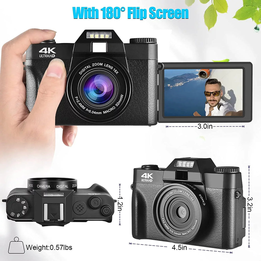 48MP Digital Camera for Photography,4K Vlogging Camera,Digital Camera for Kids and Adults with 180° Flip Screen,Wide-Angle Lens,Macro Lens,32 GB Micro Card,2 Batteries(Black)