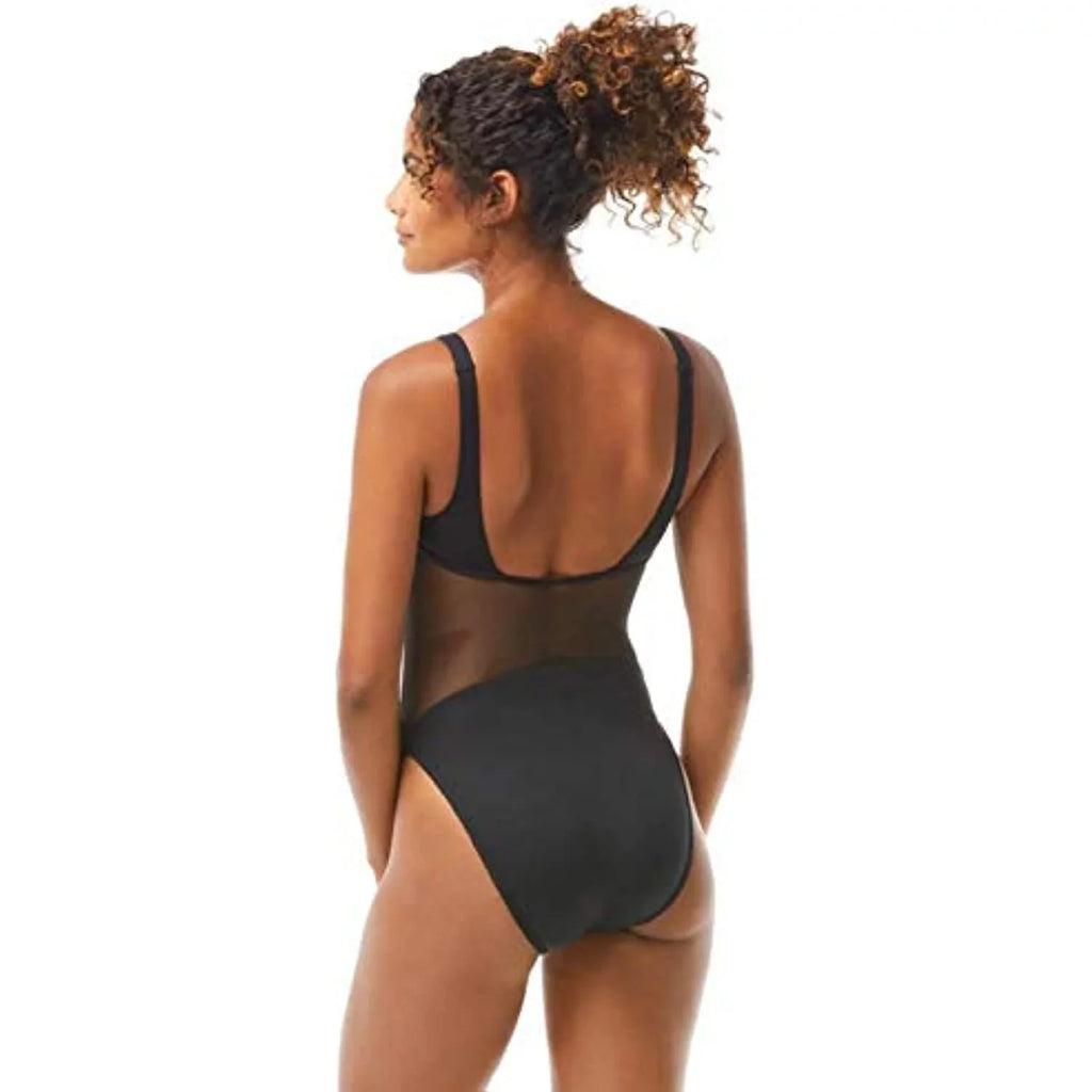 VINCE CAMUTO SWIM Women's Black Stretch Lined Moderate Shield Cutout Mesh Scoop Neck One Piece Swimsuit 4