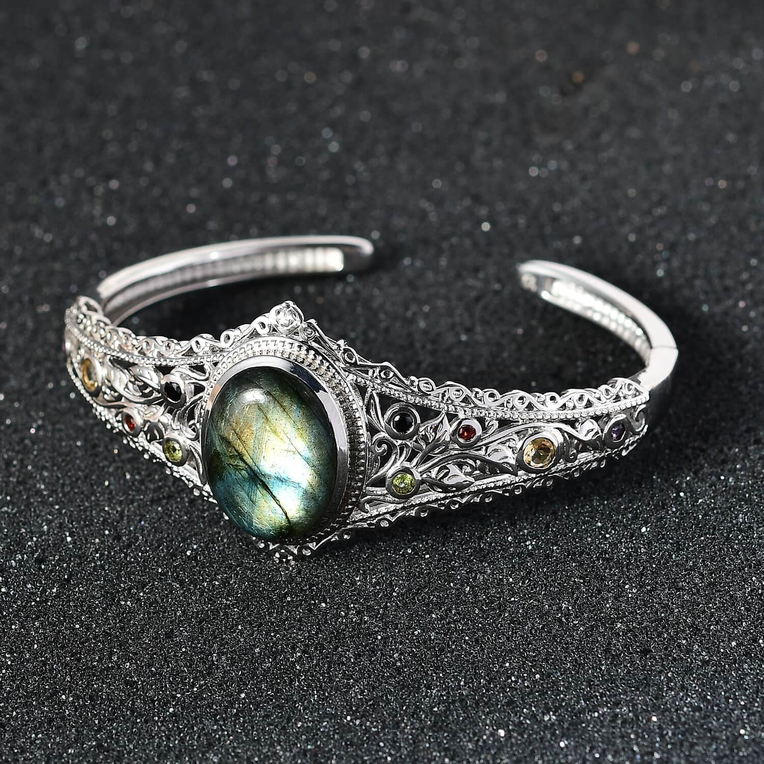 Shop LC Labradorite Multi Gemstone Oval Platinum Plated Cuff Bangle Bracelet for Women Jewelry Size 7.25" Ct 15.05 Birthday Mothers Day Gifts for Mom