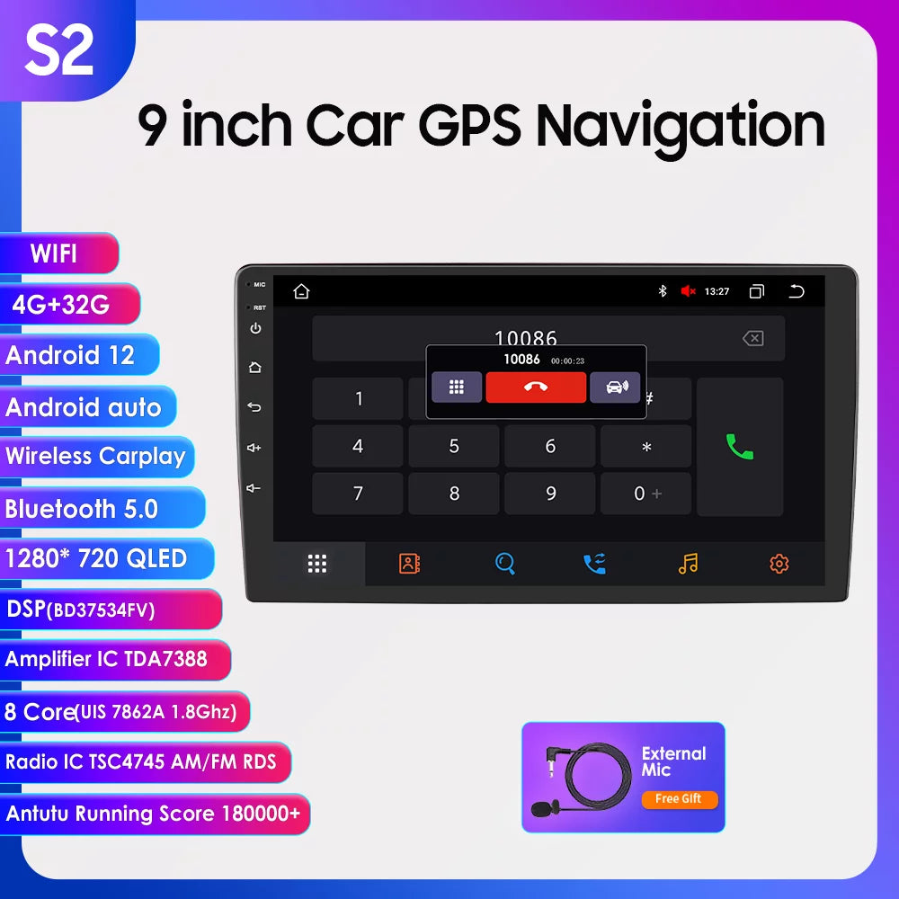 2S Series 9" 4+32GB Touchscreen Android 12 Octa QLED 1280*720 Car Gps Navigation Stereo Carplay