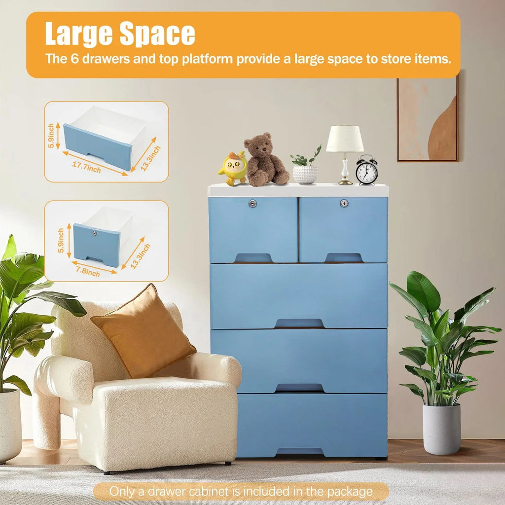 WUZSTAR 6 Drawer Plastic Storage Tower Closet Organizer with 4 rollers for Home, Office (Blue)