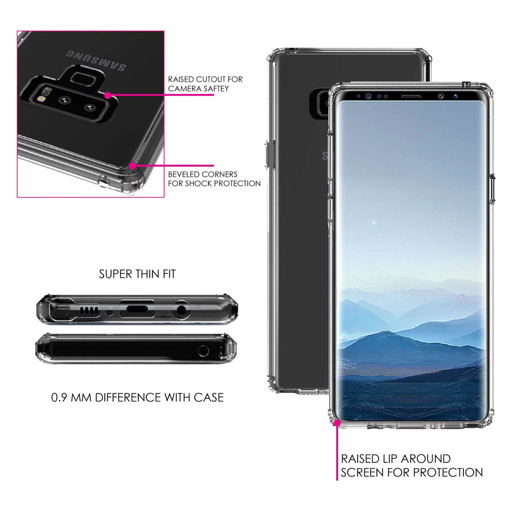 DistinctInk Clear Shockproof Hybrid Case for Samsung Galaxy Note 9 - TPU Bumper Acrylic Back Tempered Glass Screen Protector - Cross Heart - Faith Hope Love