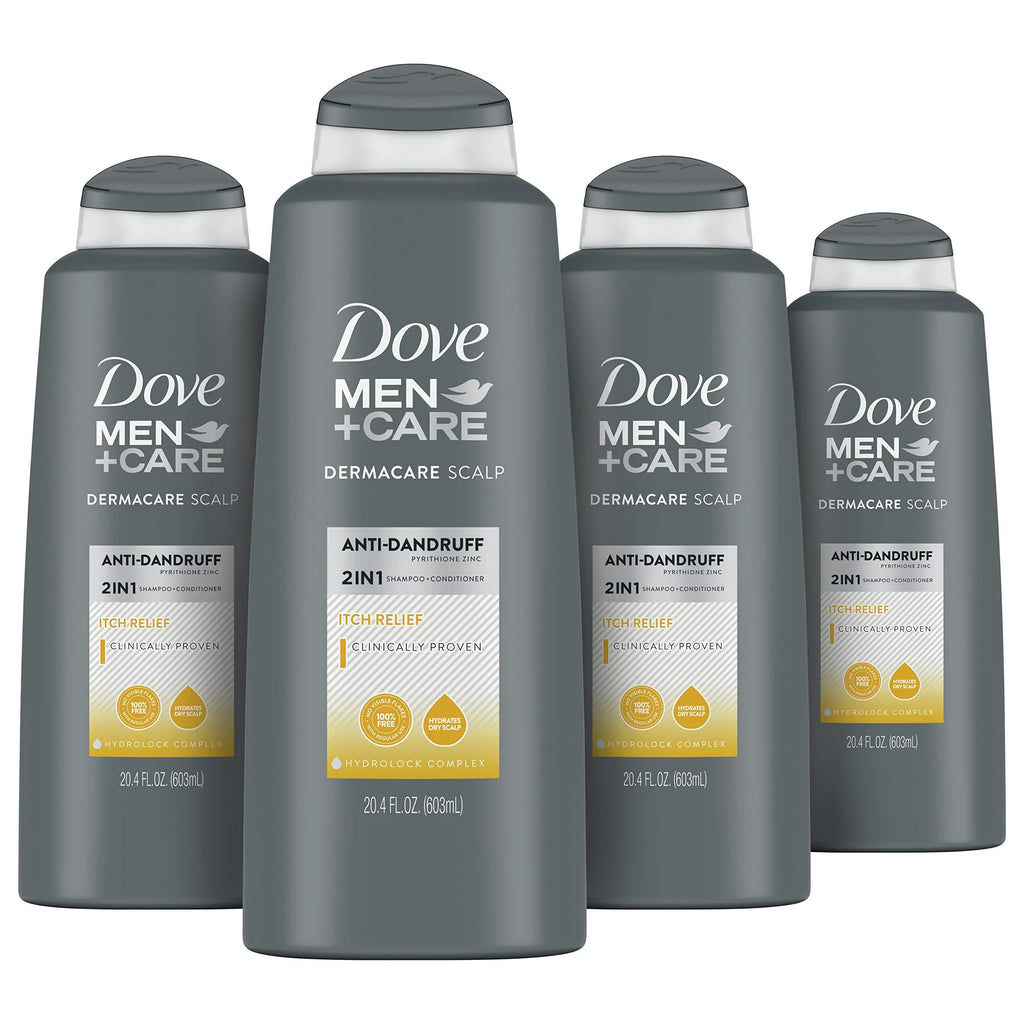 Dove Men + Care 2-In-1 Anti-Dandruff Shampoo And Conditioner Itch Relief 4 Count For Dry Scalp Hair Care With Hydrolock Complex 20.4 Oz