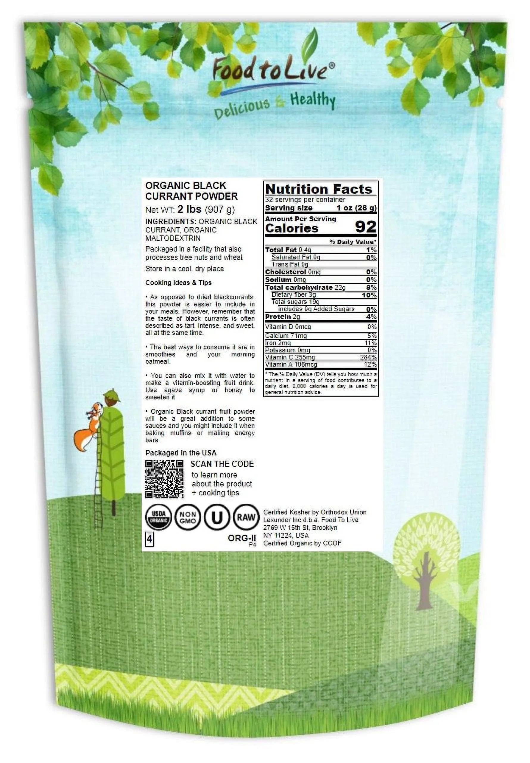Organic Black Currant Powder, 2 Pounds — Non-GMO, Raw, Vegan, Kosher — by Food to Live