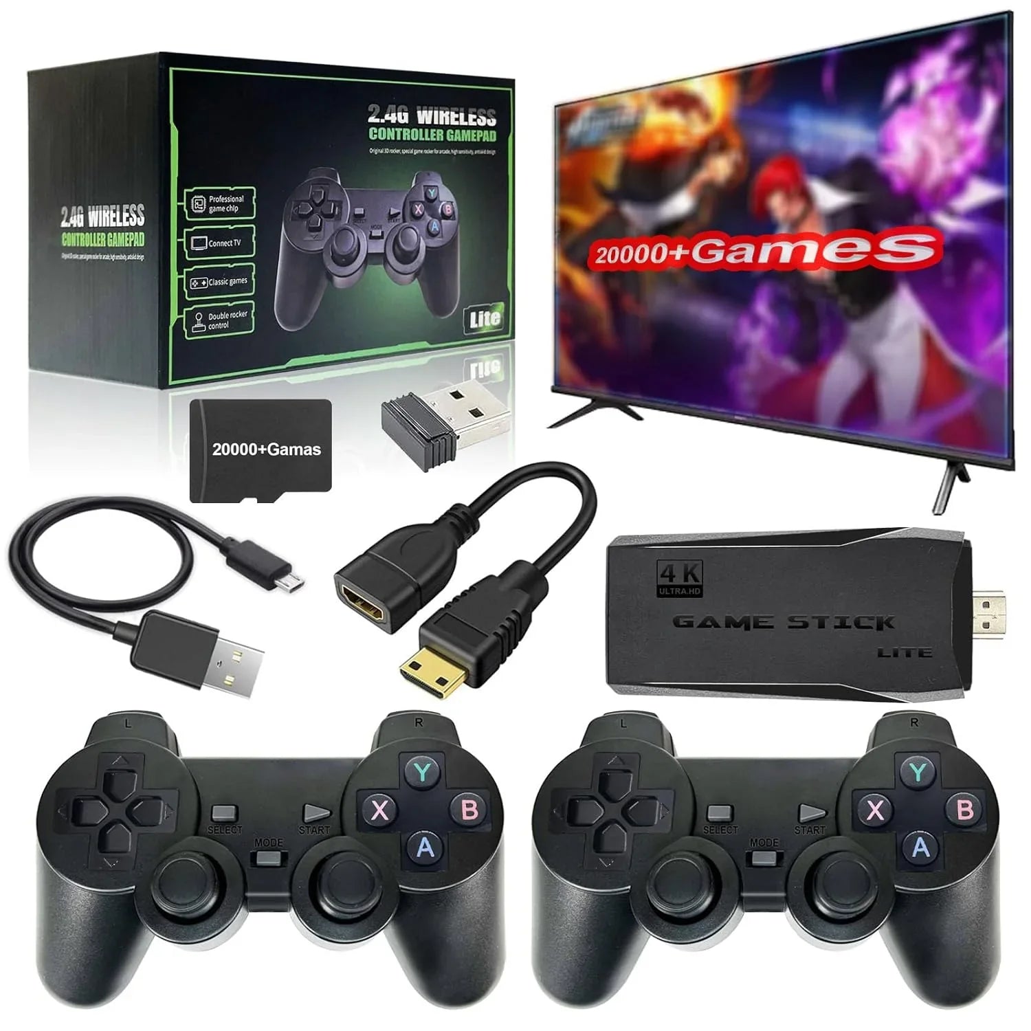 Retro Game Stick with Built-in 9 Emulators, Retro Gaming Console with 20,000+ Games, HD Output and 2.4GHz Wireless Controller for TV Plug and Play - Classic Games