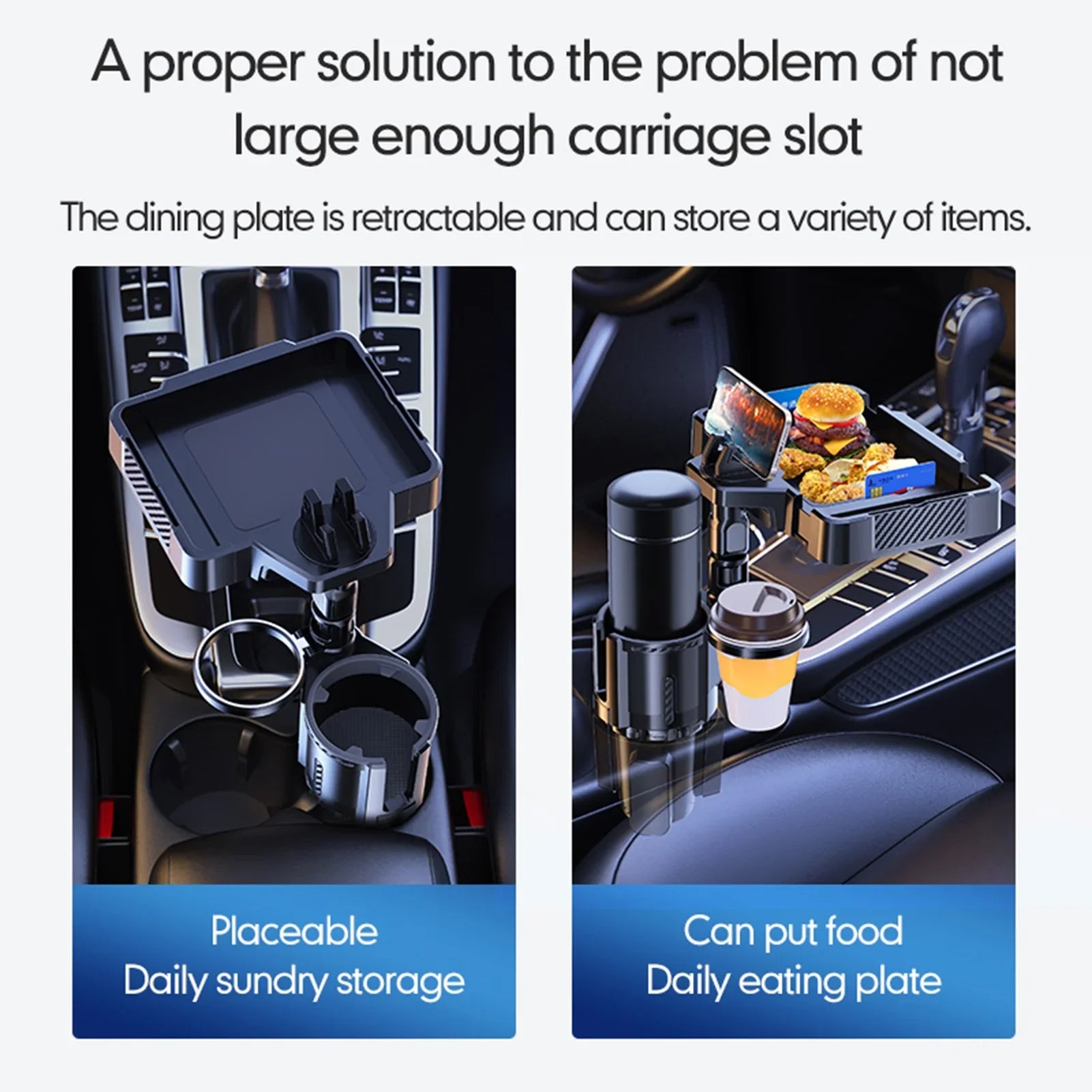 moobody Car Cup Holder Multifunctional Storage Rack, Dual Holder 4IN1 Cup Tray for Drinks and Phones, Versatile Snack Tray Expander